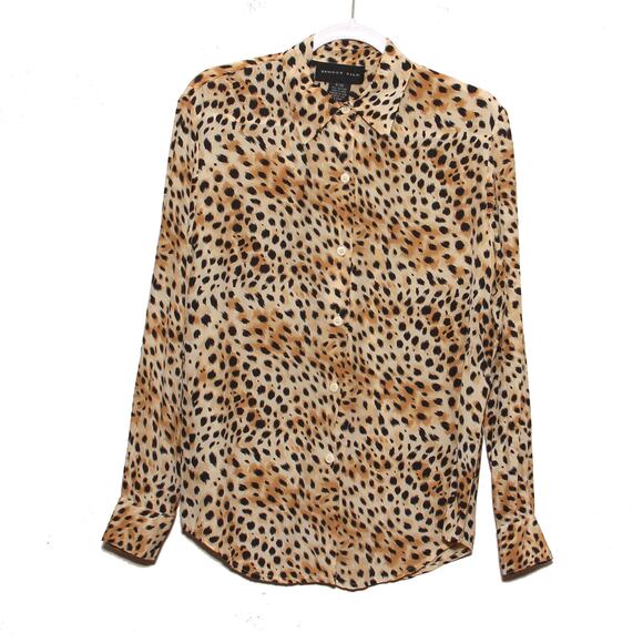 August Silk Animal Print Silk Blouse Top Size 6/36 Long Sleeve Collar - Picture 1 of 9